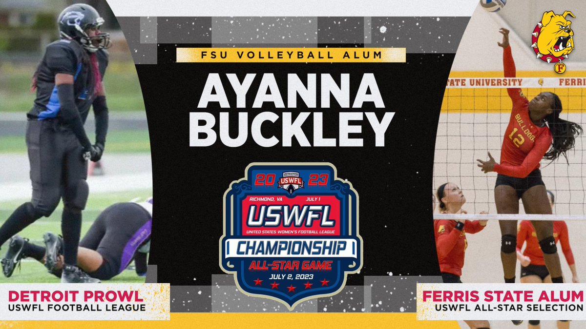 PRO FOOTBALL PLAYER! Former Bulldog Volleyball standout Ayanna Buckley will compete for the Detroit Prowl in the United States Women's Football League title game on July 1 &amp; All-Star Game on July 2! bit.ly/42X35nO <a href="/FerrisStVball/">Ferris St Volleyball</a>