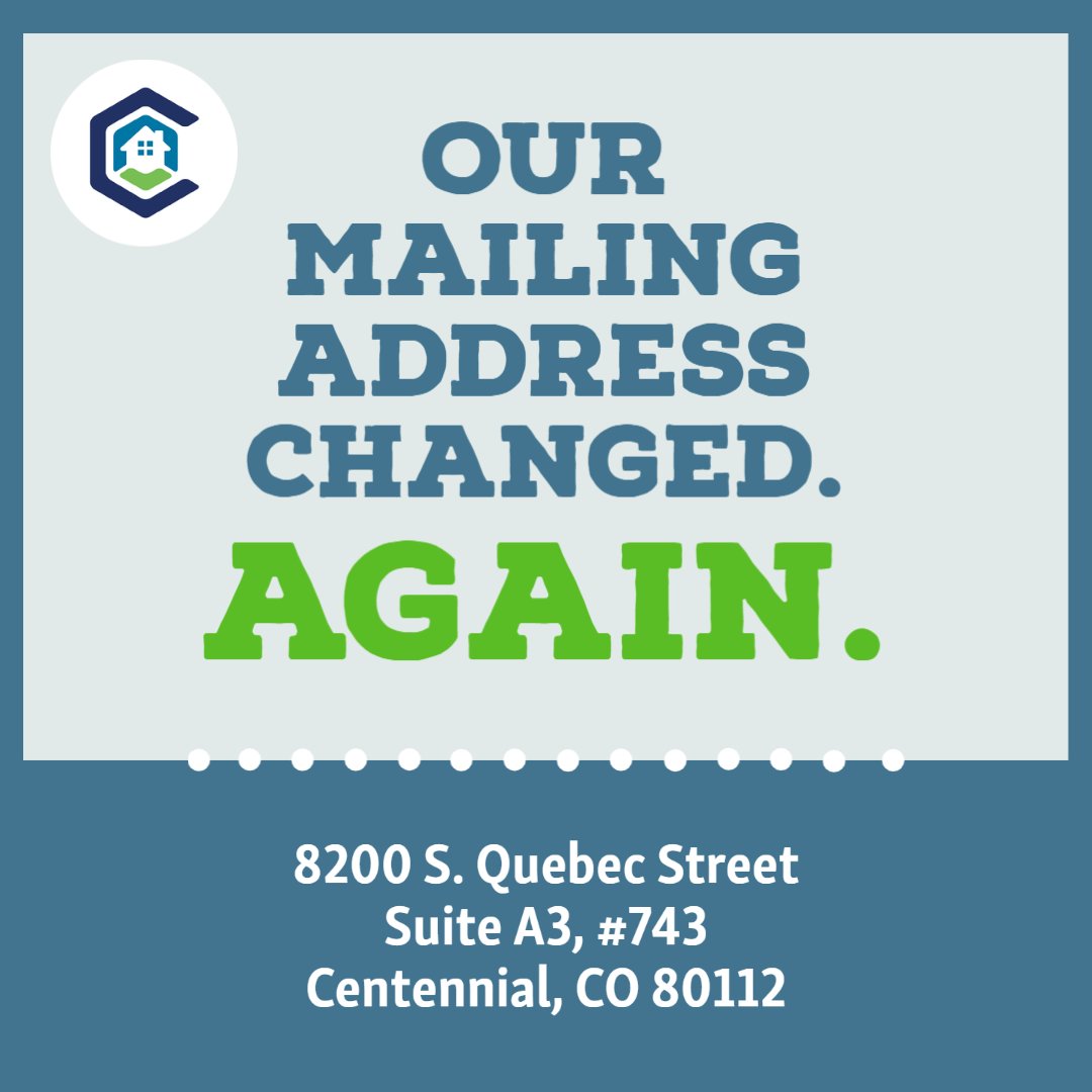 cmla303's tweet image. Please note our new mailing address: 
8200 S. Quebec St., Suite A3 #743
Centennial, CO 80112
#cmla303 #newaddress