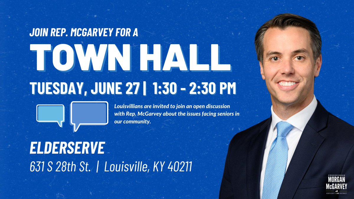 RepMcGarvey's tweet photo. UPCOMING TOWN HALL: Next Tuesday, June 27, I'm hosting a town hall at ElderServe to hear directly from Louisvillians about the issues facing seniors in our community.

All are welcome to join—I hope to see you there! https://t.co/lJNkF8oNOe