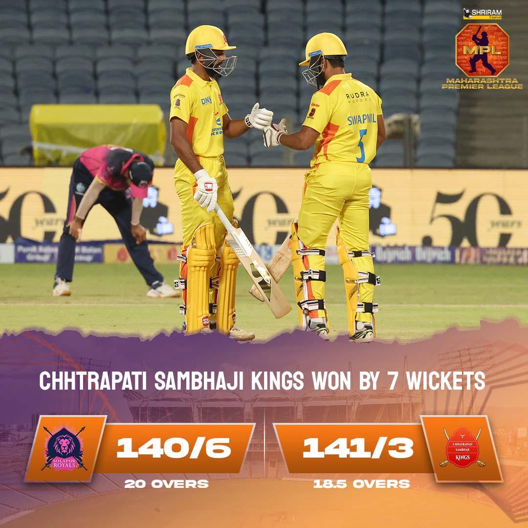 mpltournament's tweet photo. Leaving the best for last 👑
Chhatrapati Sambhaji Kings finally get their first win this #ShriramCapitalMPL2023 as they crush Solapur Royals' hopes of qualifying for the playoffs.
Congratulations 🎊
#ThisIsMahaCricket #MPL #MPLT20 #csk #solapurroyals https://t.co/wZavfkFMIH