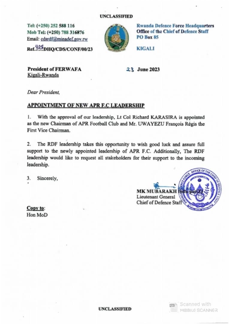 aprfcofficial's tweet photo. Breaking News: Lt Col Richard Karasira is appointed as the new Chairman of APR FC and Mr Uwayezu François Régis the First Vice Chairman https://t.co/xPnYkmq6aa