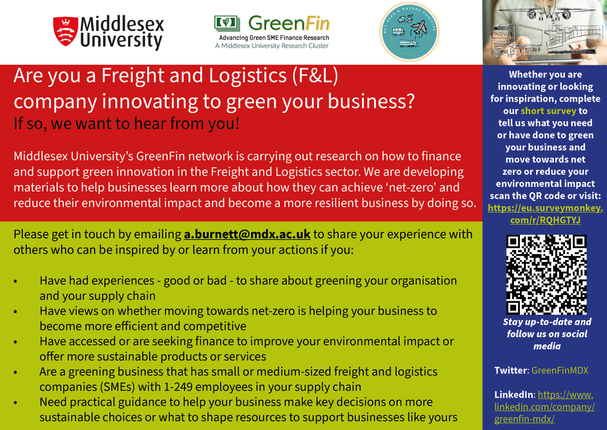 Are you leading the way in greening the #freight &amp; #logistics? Have you got important views on opportunities &amp; challenges towards #NetZero or addressing your #environmental #impacts? Share your experiences with <a href="/GreenFinMDX/">GreenFin (Middlesex University Research Cluster)</a> - be a case study for exciting research #SME #innovation