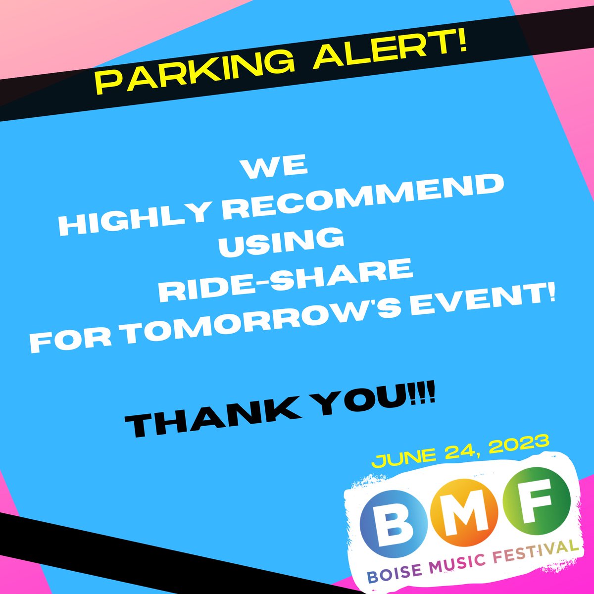 !!!PARKING ALERT!!!

Due to high volume, we HIGHLY recommend using a ride-share service and carpooling for Boise Music Festival tomorrow. We cannot guarantee parking once the lot is full. 

Thank You!!