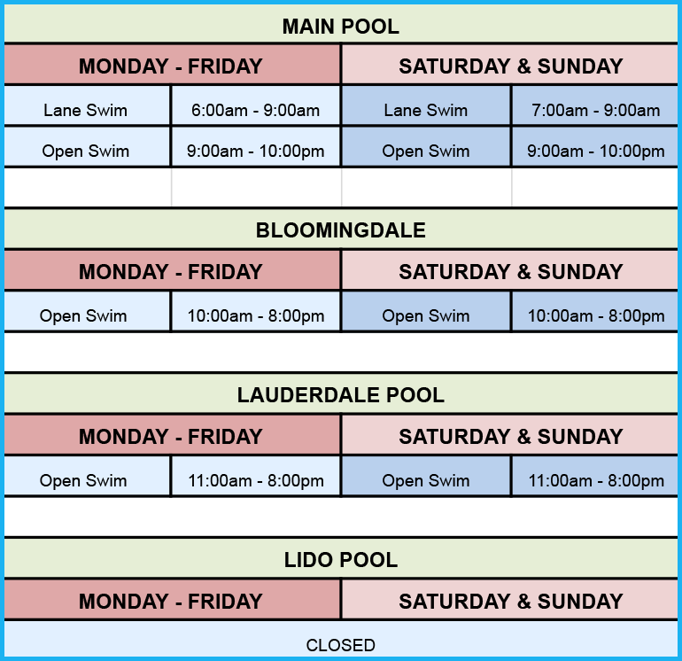 The Main pool will be OPEN tomorrow (Saturday), starting at 12:30 PM!

After that, it will be open all season long with the summer schedule in place.

Enjoy!