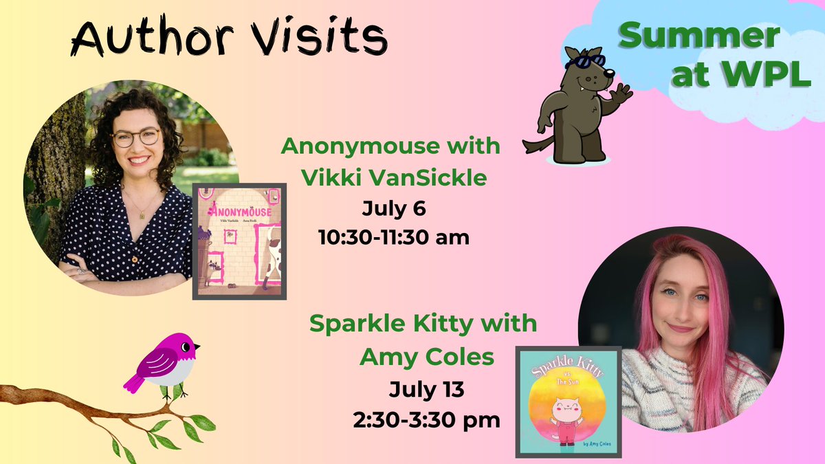 AUTHOR VISIT ALERT!!!

Author Vikki VanSickle will share her latest story: Anonymouse. 
Event details: ow.ly/bY9m50OOzV9

Author Amy Coles will introduce us to the 'delightful' Sparkle Kitty.
Event Details: ow.ly/9PsE50OOzVU
#MyWPL #AuthorVisit #WoodstockON