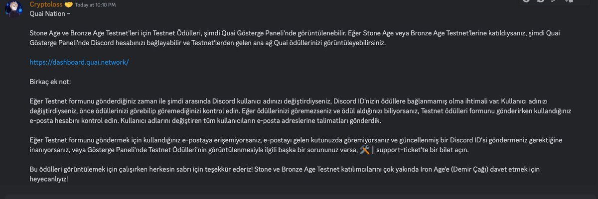 📌Stone Age ve Bronze Age Testnet'leri için Testnet Ödülleri, şimdi Quai Gösterge Paneli'nde görüntülenebilir.

Link:dashboard.quai.network