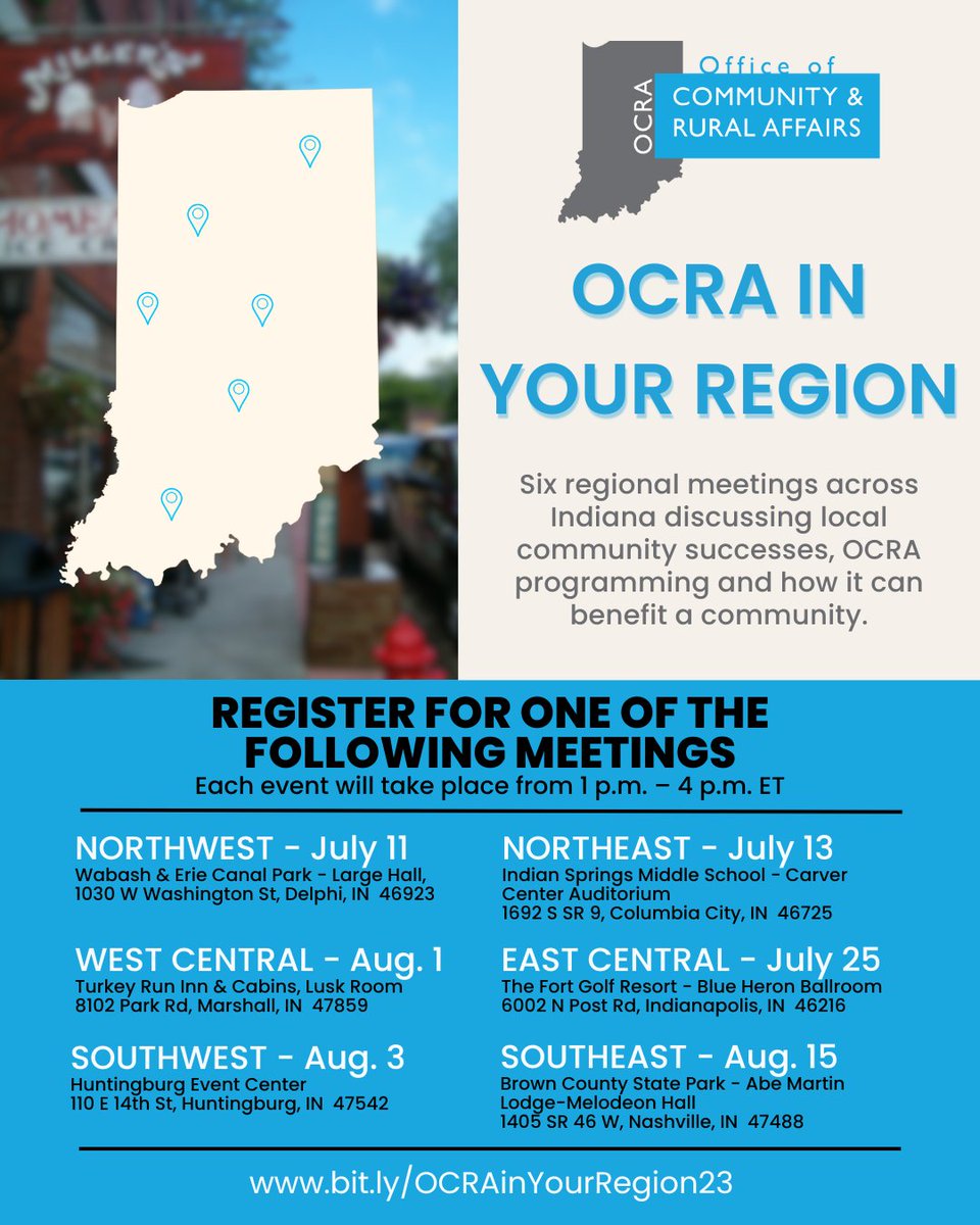IndianaOCRA's tweet image. We’re hosting six OCRA in YOUR Region meetings in July and August to highlight regional successes and offer opportunities for collaboration. These meetings are open to both community members and leaders. The events will take place from 1 p.m. – 4 p.m. ET.