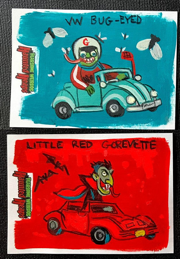 Zerostreet's tweet photo. I really love the sketch cards #ElGatoGomez has created for my #HauntedHeaps set. There will be 5 lucky backers getting these tiny masterpieces! Here's a peek at 2 of them.
https://t.co/UYnzN3hORp

#fearsomeweirdos #artwork #monsters #cars #lowbrow #tradingcards #kickstarter https://t.co/rI65W0YFye