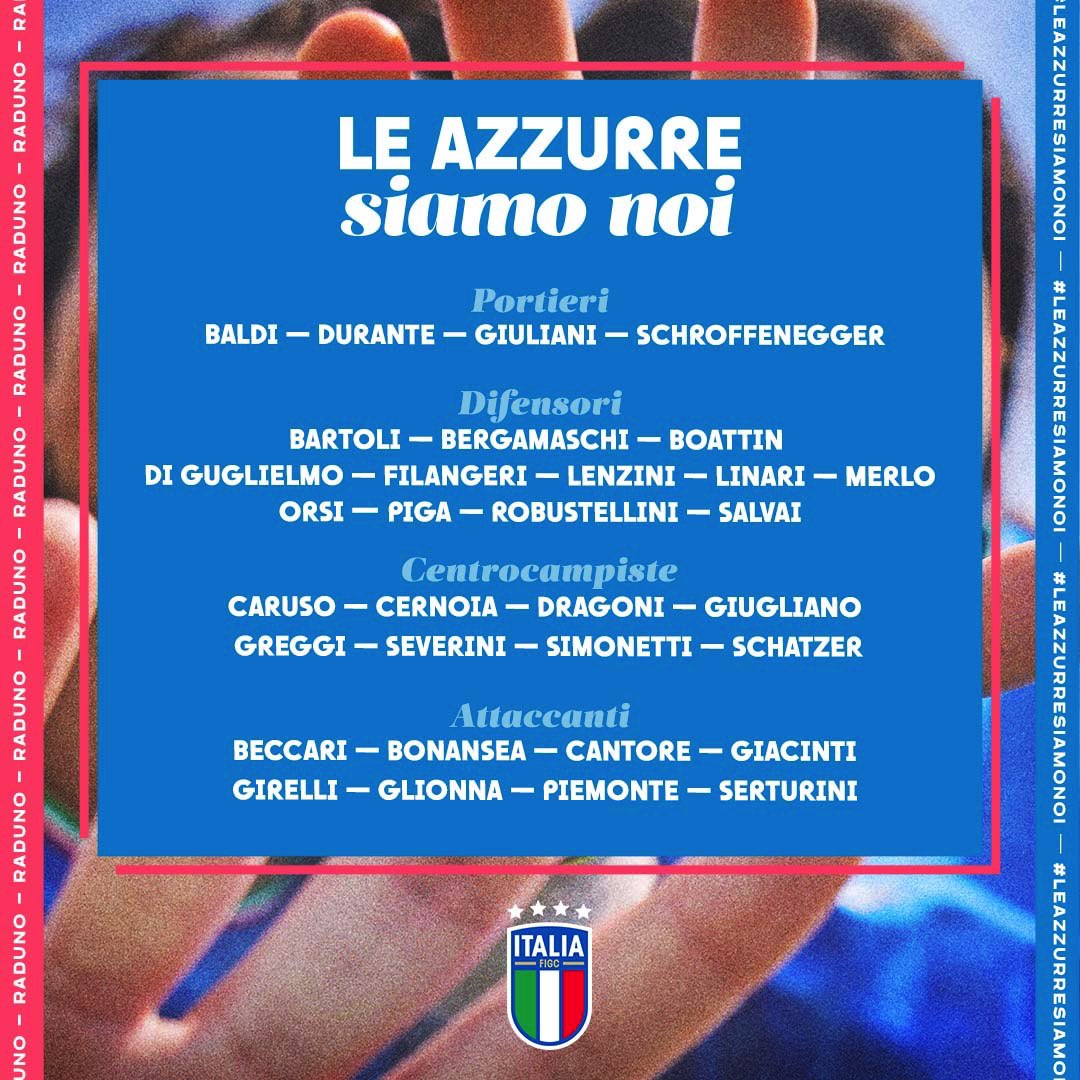 📋🇮🇹

Le 3️⃣2️⃣ #Azzurre convocate dalla Ct #Bertolini 

🏟️ Sabato 1º luglio amichevole con il #Marocco a #Ferrara 

#Nazionale #LeAzzurreSiamoNoi #VivoAzzurro