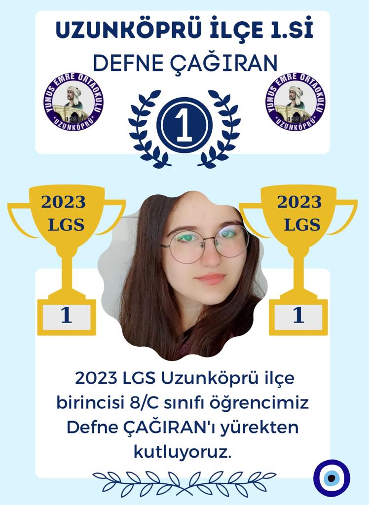 2023 LGS’de gösterdiği başarıyla Uzunköprü ilçe birincisi🥇🏆olan 8/C sınıfı öğrencimiz Defne ÇAĞIRAN’ı tebrik eder, bugüne kadar ona destek veren ailesine ve emek veren tüm öğretmenlerimize şükranlarımızı sunarız…💐
<a href="/Dr_Onderarpaci/">Dr. Önder ARPACI</a> 
<a href="/ErmanCetinn22/">erman çetin ♥️🇹🇷</a> 
<a href="/Edirne_MEM/">Edirne İl Millî Eğitim Müdürlüğü</a> 
<a href="/uzunkoprumem1/">uzunkoprumem</a>