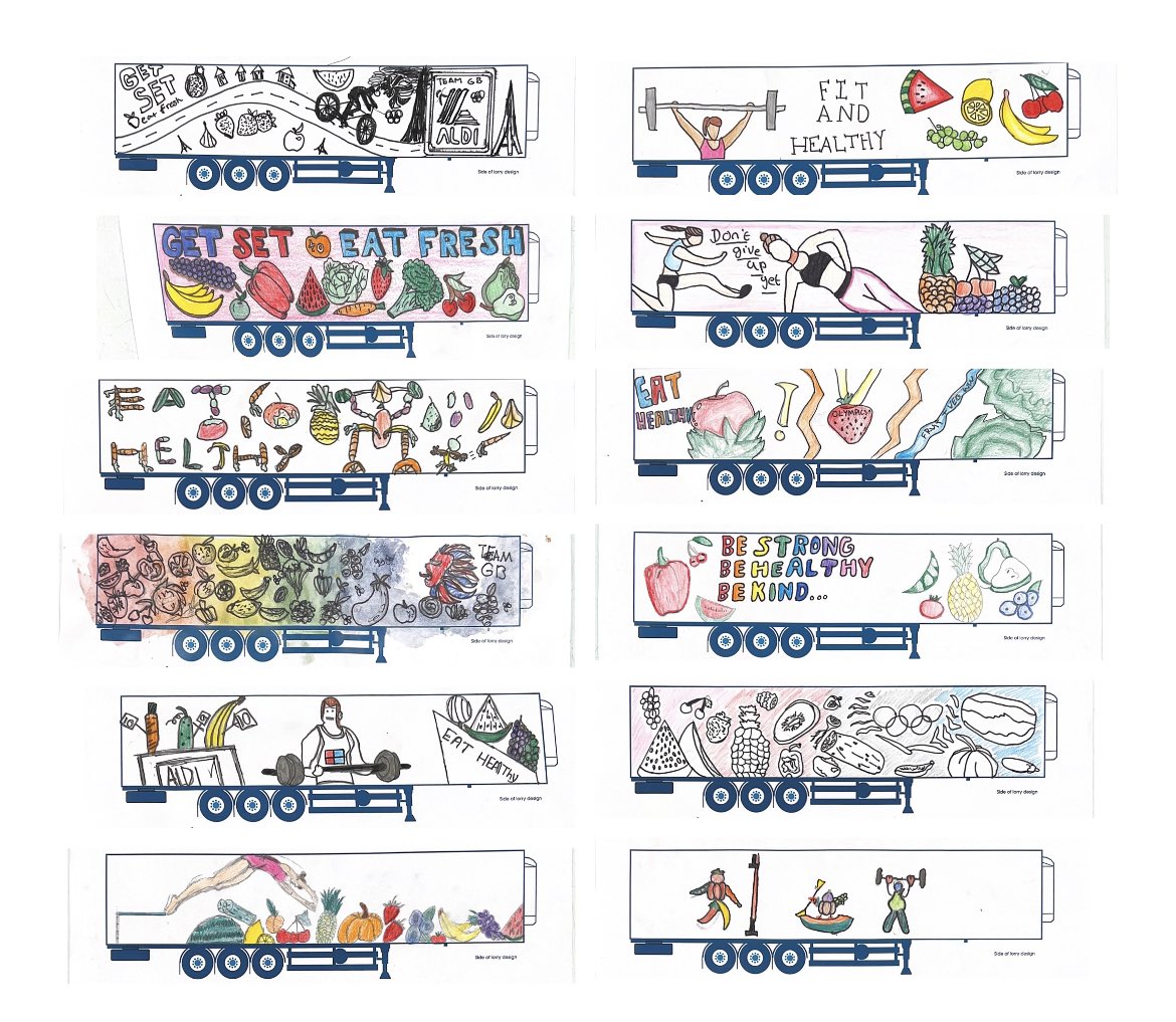MrsEborall's tweet photo. Well done to all students whose work was chosen to be entered in to the @AldiUK #getseteatfresh competition! We have loved looking through your entries. The chosen designs have now been submitted. #competition #aimhigh #designalorry https://t.co/XrWWEWtfIr