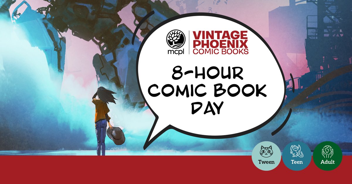 Monroe County Public Library (Indiana) (@mcplindiana) on Twitter photo 8-Hour Comic Book Day is back Monday! We’re teaming up with <a href="/VintagePhoenix1/">VintagePhoenixComics</a> books for our annual celebration of comics and manga! Art supplies, lunch, and snacks will be provided. It's 10 AM–6 PM. Come by for an hour or stay for the entire day! Ages 7 & Up. 8-Hour Comic Book Day is back Monday! We’re teaming up with <a href="/VintagePhoenix1/">VintagePhoenixComics</a> books for our annual celebration of comics and manga! Art supplies, lunch, and snacks will be provided. It's 10 AM–6 PM. Come by for an hour or stay for the entire day! Ages 7 & Up.