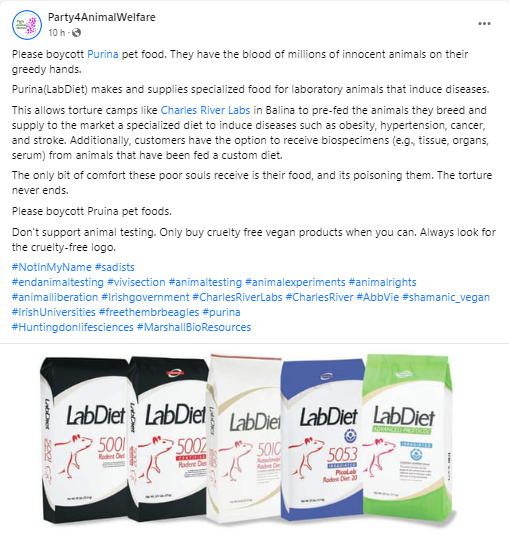AnimalPartyIE's tweet photo. Please boycott Purina pet food. They have blood of millions of innocent animals on their greedy hands.
#Purina #LabDiet makes and supplies specialized food for laboratory animals that induce diseases.
Torture camps like #CharlesRiverLabs in #Balina #Mayo to pre-fed the animals. https://t.co/OGcyIUTXwB