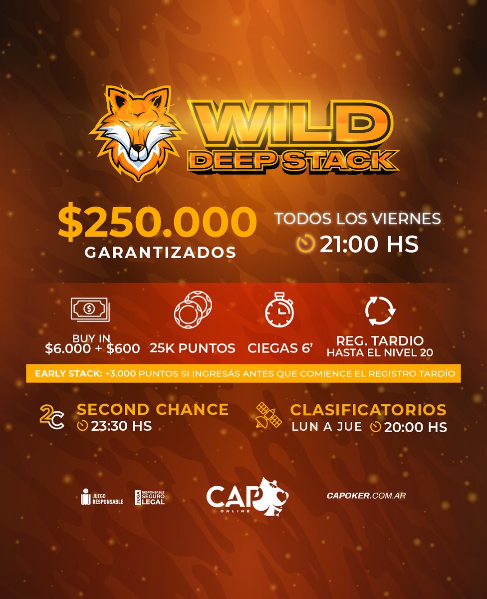 ✅ Queremos creer que ya te reservaste lugar hoy 21 hs para jugar el torneo "Wild Deep Stack".

📲 Toda la info en capoker.com.ar