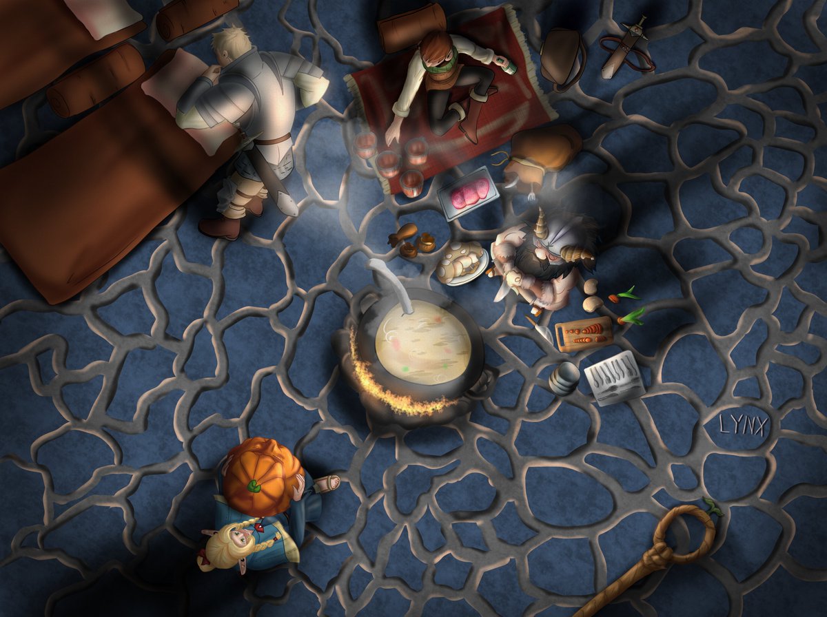 LynxCommissions's tweet photo. Commissioned by @harpnote 
Revision+expansion of a commission from years ago.
Does it look like a cozy camp site?
Full res.: https://t.co/GPjG7fTd7m
#ダンジョン飯 #DeliciousInDungeon #DungeonMeshi https://t.co/7D6mskClAf