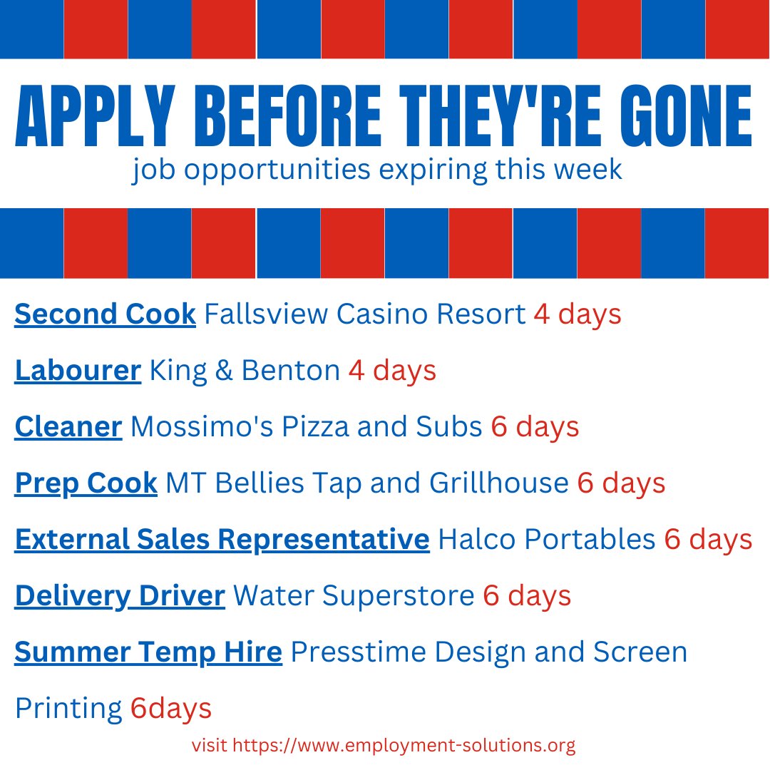Many of our awesome job postings on our #jobboard are expiring within the next week! Don't miss these opportunities!
No resume? No problem! Our team of employment experts are happy to help you! As always, our services are 100% free. 

Visit employment-solutions.org/job-seekers/jo…