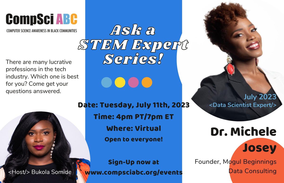 And we're back with our informative 'Ask a STEM Expert Series' event. CompSci ABC’s July 2023 highlight is #DataScientist, Dr. Michele Josey. Curious to know about Data Science and how to leverage it as a profession? Then register today! eventbrite.com/e/ask-a-stem-e… #datascience