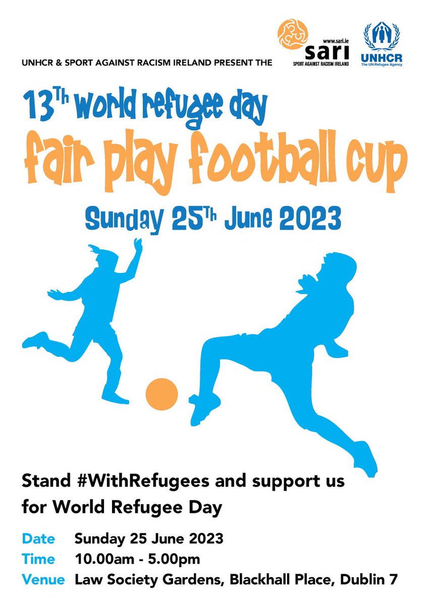 #SARI #UNHCRIreland 13th annual World Refugee Day Fair Play Cup this Sunday 25th June at the #lawsociety #blackhallplace #dublin #withrefugees #homeawayfromhome 10am - 5pm.