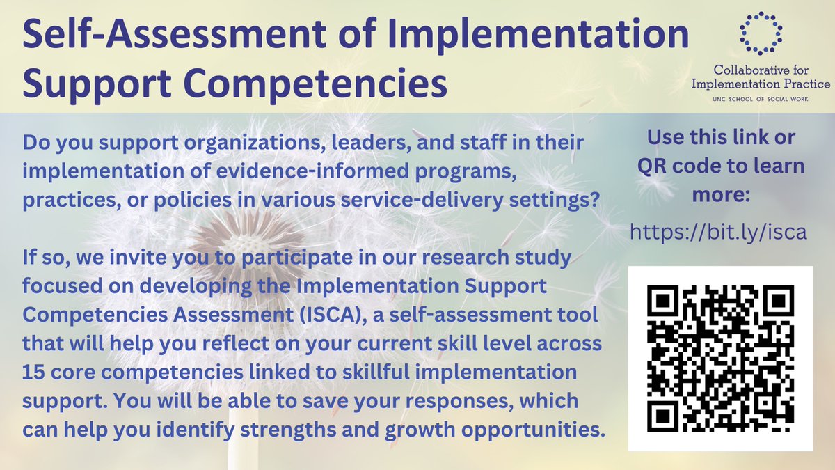 If you support #implementation efforts in service-delivery settings, we invite you to complete the Implementation Support Competencies Assessment, a tool to reflect on 15 core competencies linked to skillful #impsupport! bit.ly/isca @UNC_SSW @allisonjmetz @toddmjensen