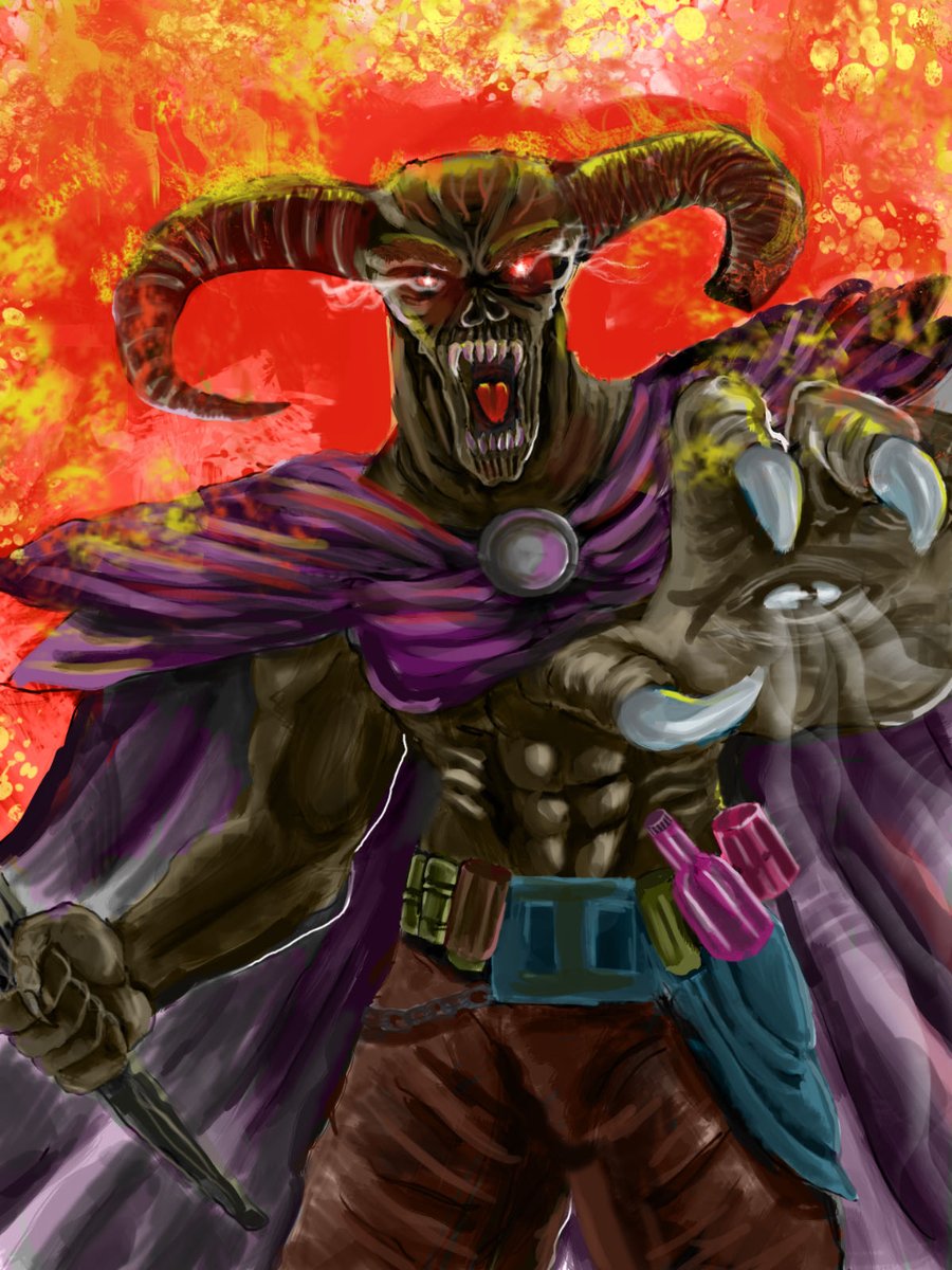 exjuir's tweet photo. This is a drawing I made of a demon with horns. I used Krita to paint the colors and details, and then I passed it to Photoshop to give it some effects. I like the contrast. 

#drawing #dibujando #exjuir https://t.co/AX3i9A15jQ
