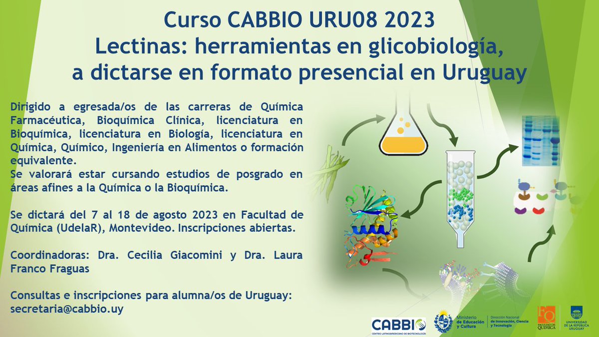 dicytmec's tweet photo. Curso de posgrado #CABBIO a dictarse en modalidad presencial, en @QuimicaUruguay @Udelaruy - #Uruguay
#Lectinas: herramientas en #glicobiología
✉️Inscripciones y más info: secretaria@cabbio.uy https://t.co/X5FRCbrgFj