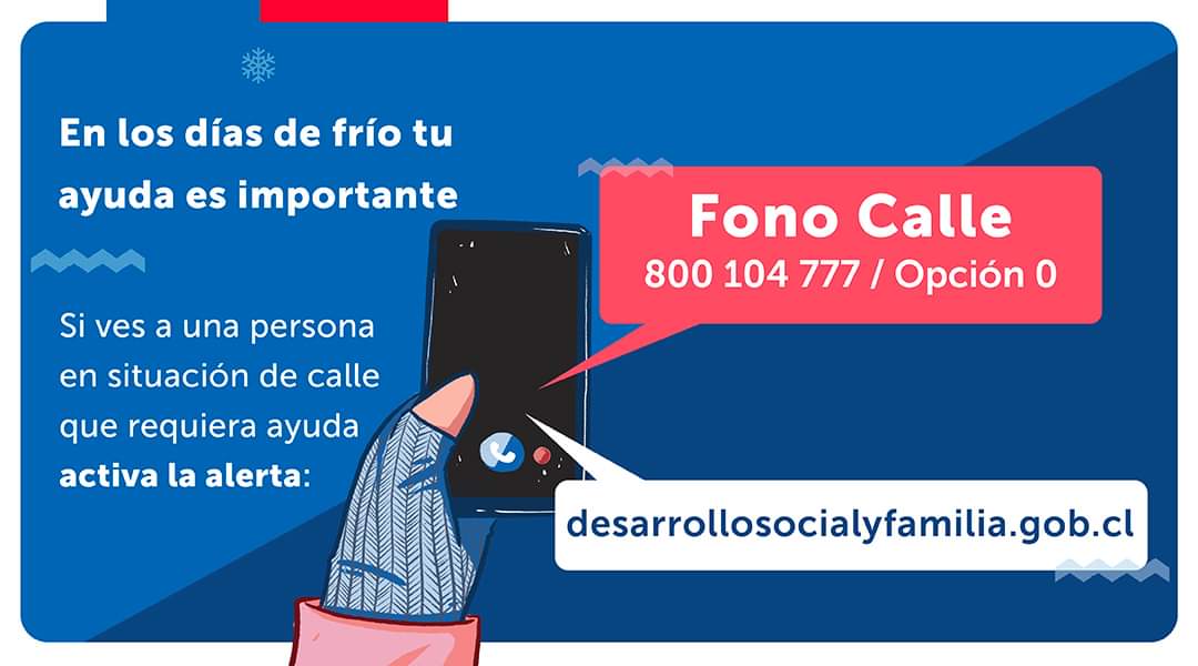 Tú también puedes ayudar a las personas en situación de calle en estos días, con intensas condiciones meteorológicas, fuertes precipitaciones y bajas temperaturas 🌧️ ❄️
Hazlo llamando al Fono Calle 800 104 777 y marcando la opción 0 📲