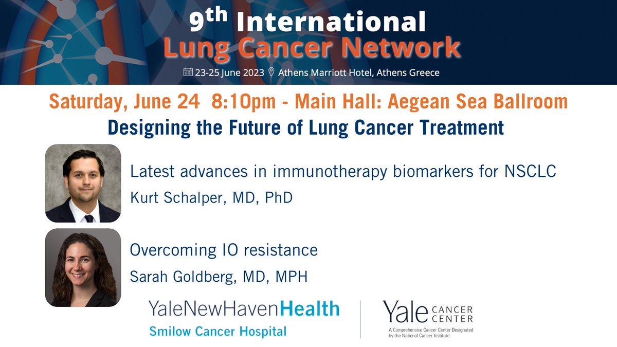 Tonight Drs. Kurt Schalper and Sarah Goldberg will present during the session: Designing the Future of #LungCancer Treatment at #ILCNconference.
Learn more: ilcnconference.com
#lungcancer #lcsm <a href="/SmilowCancer/">Smilow Cancer Hospital</a> <a href="/YaleMed/">Yale School of Medicine</a> <a href="/YNHH/">Yale New Haven Hosp</a> <a href="/YaleThoracic/">Yale Thoracic Surgery</a> <a href="/yalepathology/">Yale Pathology</a>