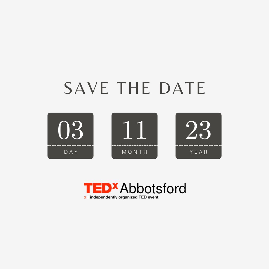 🗓️ Mark your calendars! #TEDxAbbotsford is happening on Nov 3, 2023 from 6:00-10:30pm

🌐 Stay tuned for more details!

Interested in volunteering or partnering with us? Get in touch with us today!
