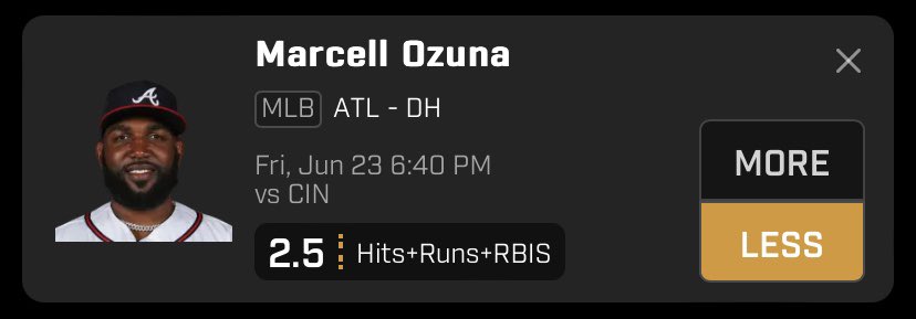 Seventh free pick of the day‼️Marcell Ozuna under 2.5 hits+runs+RBIs. Like if you’re tailing! #PrizePicks #underdogpicks #NBA  #MLB #NHL #WNBA  #NFL #sportsbettingtwitter #GamblingTwitter