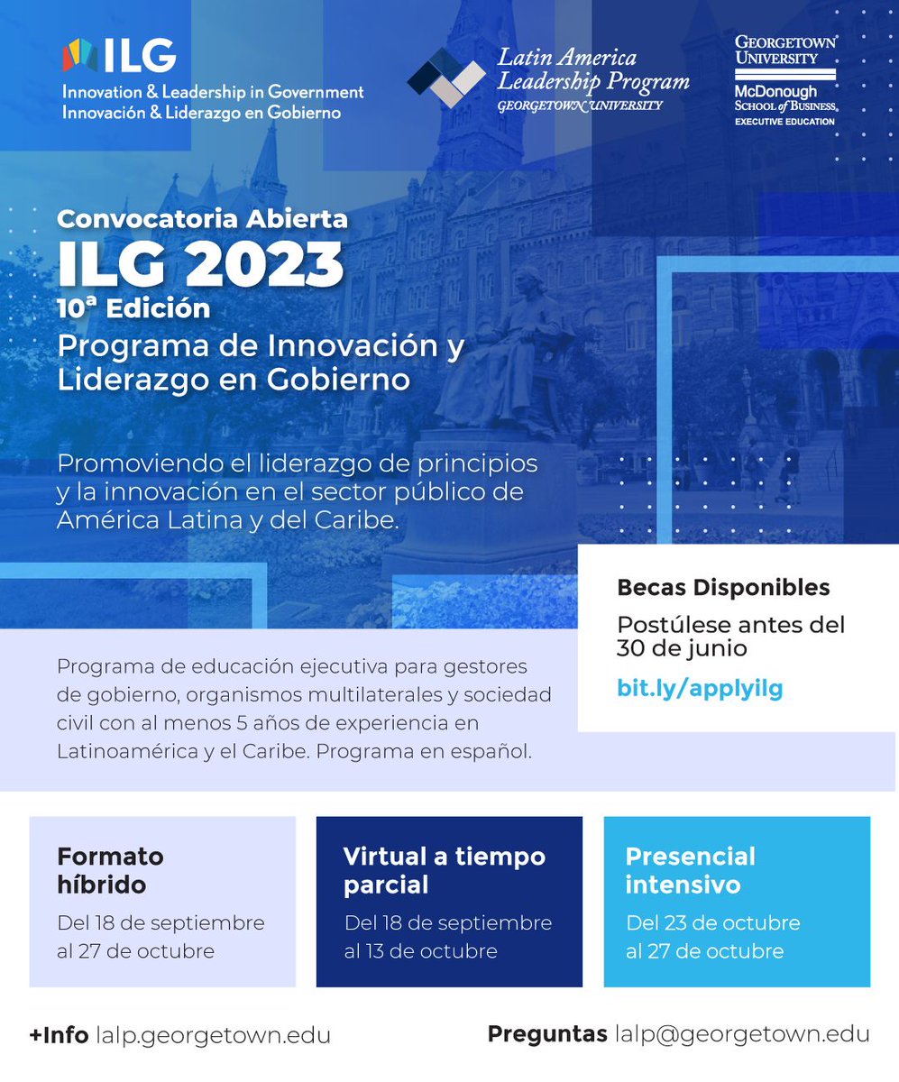GeorgetownLatAm's tweet photo. 🔜 Solo queda UNA SEMANA para que cierre la convocatoria #ILG2023 del Georgetown University Latin America Leadership Program. ¡Envíe su solicitud antes del próximo viernes 30 de junio!
💻 Complete su postulación en https://t.co/nWgXh3Ko7N
#ILGalumni #ILGImpact #liderazgo #LATAM https://t.co/KDz67FzbD9