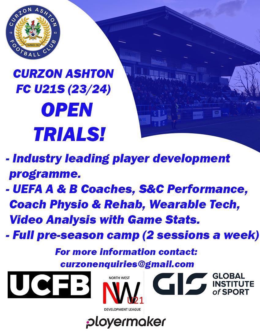 Curzon Ashton U21s TRIALS 🔵⚪️

We are delighted to announce open trials for our U21s! 👏

📆 Dates are:

1st &amp; 2nd July 2-5pm 
8th &amp; 9th July 2-4pm

Venue: Tameside Stadium 3G 🏟️

Please complete the online form below.

form.jotform.com/231723761664055

#OneClub | #UTN | #TheNash | #UCFB