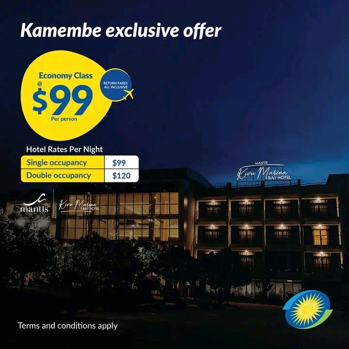 Looking for a weekend getaway? Unwind in style, surrounded by nature's beauty.

Fly to Kamembe for a local adventure and get an amazing hotel deal at the renowned Kivu Marina Bay Hotel. 

#FlyTheDreamOfAfrica #FlySafeWithUs
 #VisitRwanda