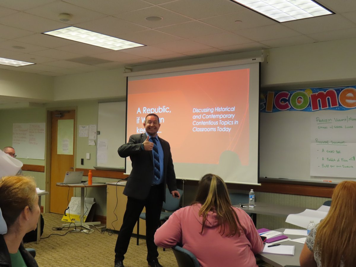 madisonteacher's tweet photo. Excited to spend the day w/ the #democracyproject teachers who have spent the week talking about civics and history. I helped to close out their week by talking about the book and practicing three #civildiscourse strategies with them. https://t.co/nusUzcKbun