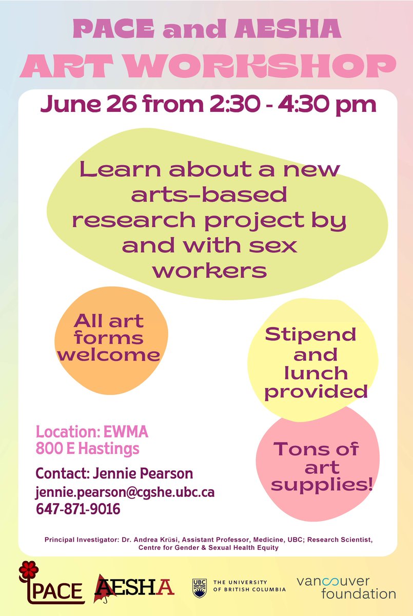#AESHAProject + @PaceSociety are hosting another art workshop June 26th. Open to all skill levels and mediums! Hang out, make art + learn about our art-based research project by and for #sexworkers