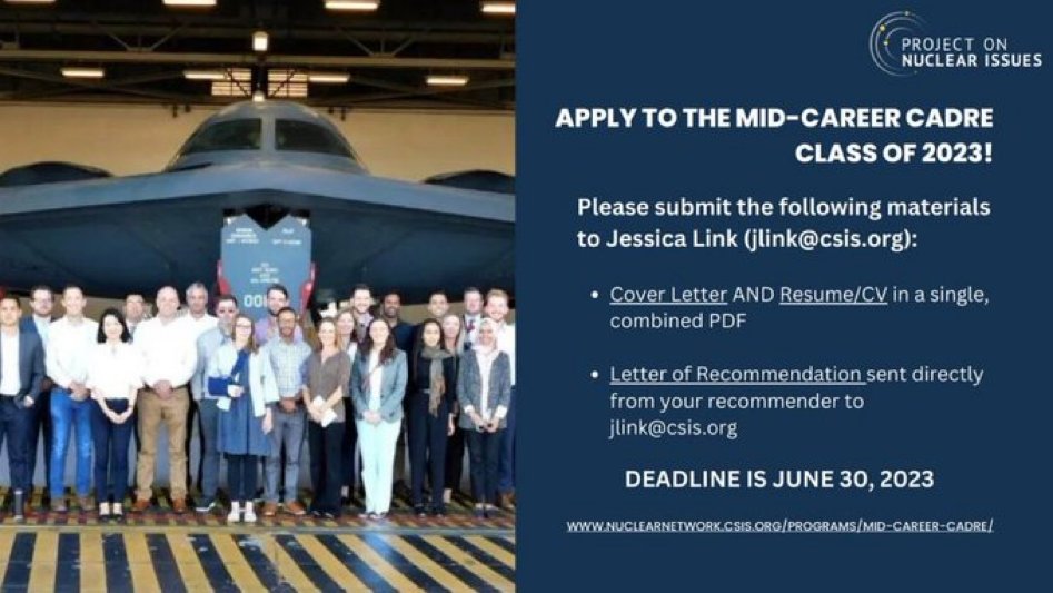 ⏰ Just one week left to apply for the Mid-Career Cadre at PONI! 🚀 Join this exclusive program designed to engage and empower nuclear professionals. Don't miss out on educational, developmental, and networking opportunities. Apply now! nuclearnetwork.csis.org/programs/mid-c…