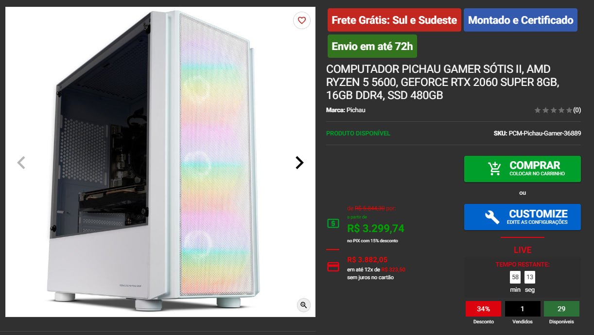 Computador Pichau Gamer Sótis II, AMD Ryzen 5 5600, GeForce RTX