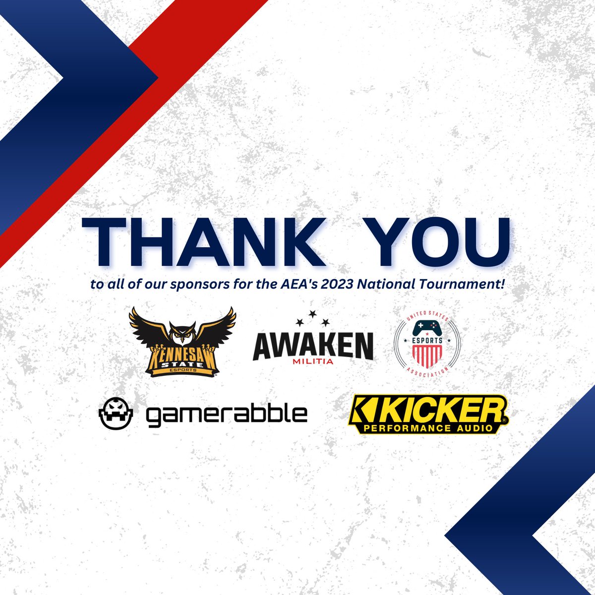 We want to give a huge THANK YOU to all the sponsors for the AEA's 2023 National Tournament: @KICKERaudio, @gamerabble, @KennesawEsports, @AwakenMilitia, and the @official_usea. 

These organizations help to support our mission, and we couldn't do it without them!