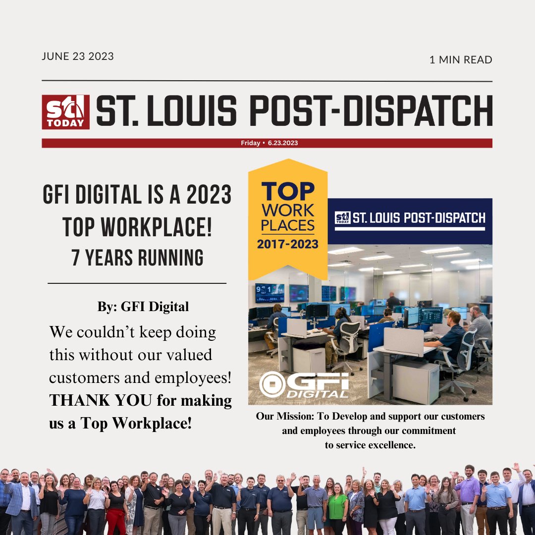 GFI_Digital's tweet image. BIG NEWS! 📰
GFI Digital is a St. Louis Post-Dispatch 2023 #TopWorkplace. We couldn't keep doing this without our valued customers &amp;amp; employees! This award means the world because it's based on feedback from our people! Thank YOU,team. @stltoday #STLPostDispatch #culturematters