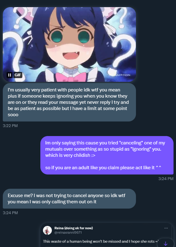 Keta Eldin🐐 (@hyrule_keta) on Twitter photo Hi hi! sorry bout this everyone but- <a href="/reinaxranni9671/">Reina (back home also BREAD 🍞)</a>
is very toxic and childish, and might be a minor lying about their age. (because of how they act) and are doing lewd rps.
so for the story they interacted with <a href="/hexmclovin/">Hexy Maniac~ Chubby Bunny</a> when their zelda account didnt interact with- Hi hi! sorry bout this everyone but- <a href="/reinaxranni9671/">Reina (back home also BREAD 🍞)</a>
is very toxic and childish, and might be a minor lying about their age. (because of how they act) and are doing lewd rps.
so for the story they interacted with <a href="/hexmclovin/">Hexy Maniac~ Chubby Bunny</a> when their zelda account didnt interact with-