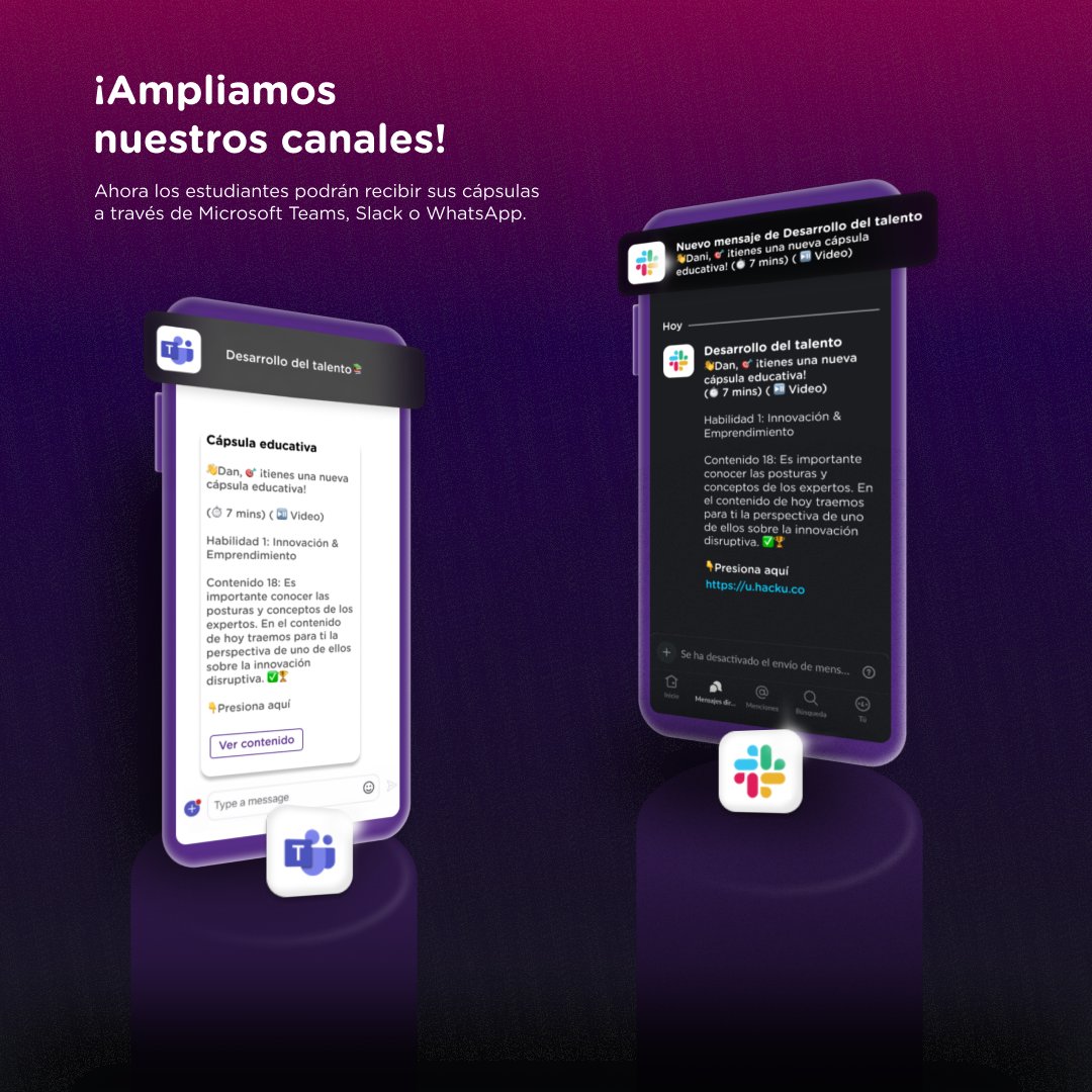 hackUeducacion's tweet photo. Hola hola comunidad #hackU, hoy les traemos una excelente noticia. Ahora los estudiantes de nuestros clientes pueden elegir por dónde recibir sus cápsulas educativas: #MicrosoftTeams, #Slack o #WhatsApp. https://t.co/X1SKp2nebP