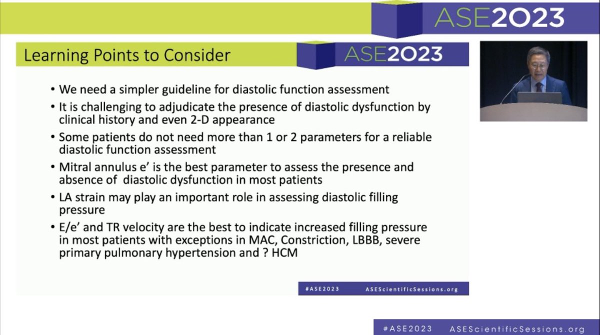 Stuck in echo lab today but loving Dr. @JaeKOh2 talk on diastology! Thank you @ASE360 for live stream! 1. E prime is the most important parameter 2. Systolic dysfunction doesn’t always mean diastolic dysfunction 2. Not all the diastolic parameters are required 3. Variability
