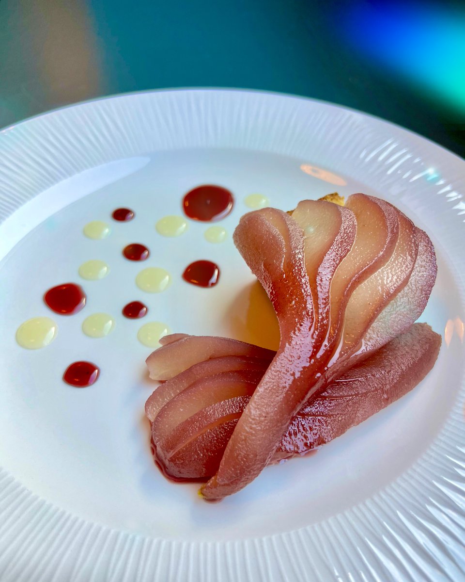 fishcitybelfast's tweet image. Red wine poached pear 🍷🍐 with bergamot curd and orange, polenta and olive oil cake ✨ #dessertime