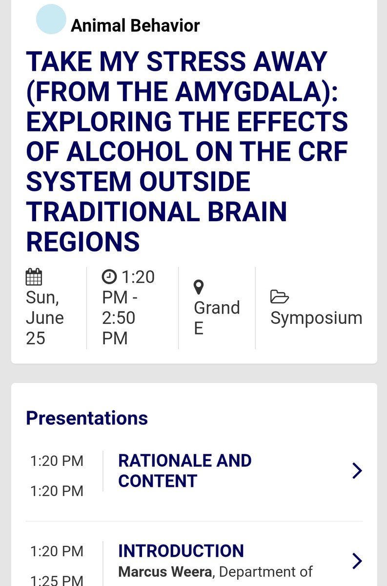 MarcusWeera's tweet photo. Looking forward to chairing this symposium on CRF-alcohol interactions outside the amygdala with @superrsema at @RSAposts. Come by this Sunday at 1:20 if you can! (1/2) https://t.co/ZEUT6Eu6Y1