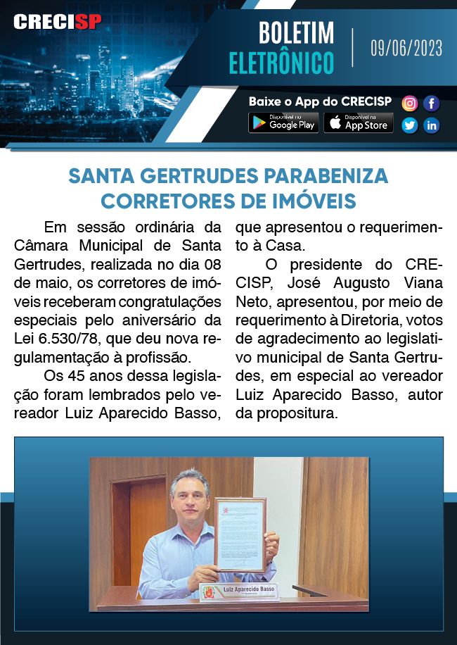portalCRECISP's tweet photo. O 12 de Maio foi celebrado pela Câmara de Vereadores de Santa Gertrudes!
#regulamentação #crecisp https://t.co/Kl6ycDzCNc
