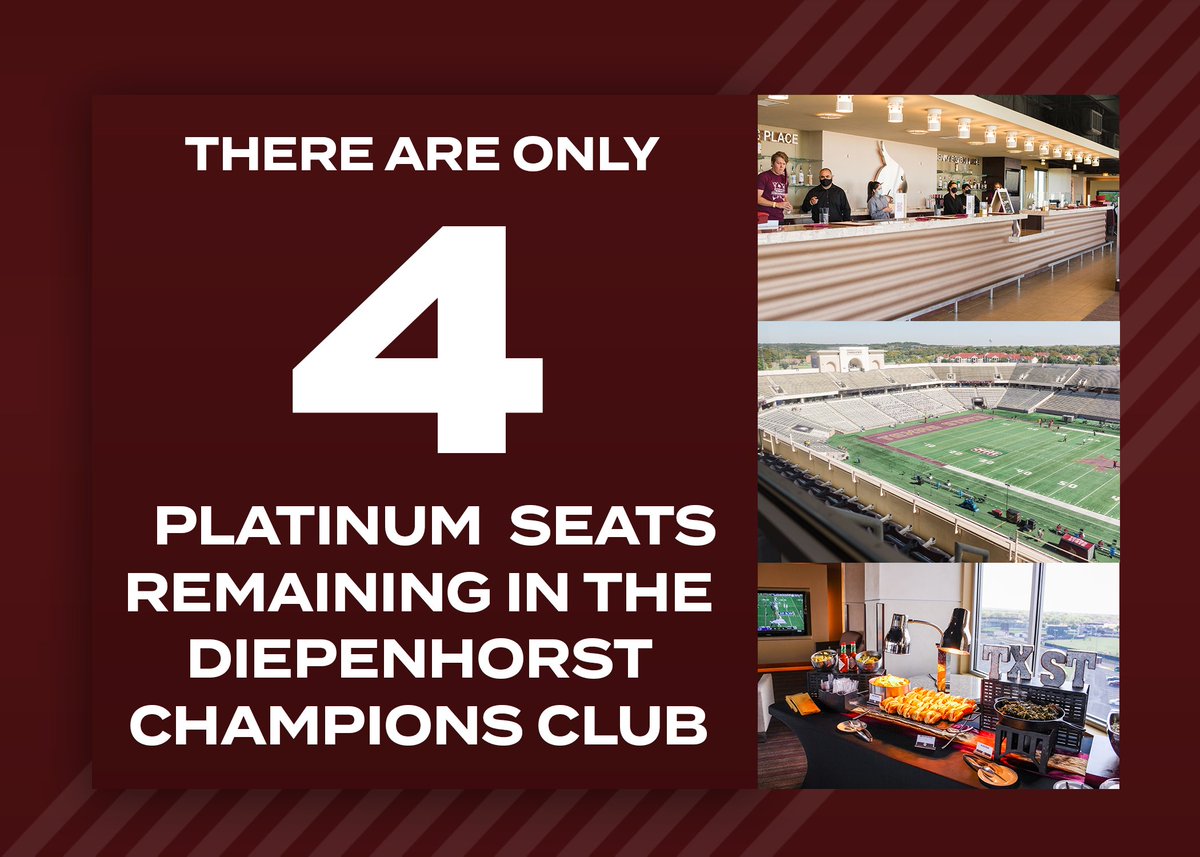 Only 4 Platinum seats remain in the Diepenhorst Champions Club! Get yours now & don’t miss the chance to watch the Bobcats in style🏈

Give us a call at 512-245-2117 or submit your Diepenhorst Champions Club application form below today!

🔗: ow.ly/wGHL50OWaNM