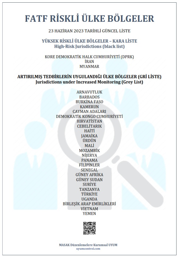 FATF Riskli Ülke Bölge Listesi 
23 Haziran 2023 Tarihli,
Kara Liste & Gri Liste 
Güncel Durum >>>
Kamerun, Hırvatistan, Vietnam GRİ Listeye Alındı.
Türkiye de hala GRİ Listede
@optimalscanpro