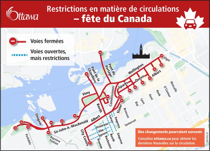 Carte illustrant les restrictions en matière de circulations pour la fête du Canada.Cliquez sur le lien qui figure dans le message pour obtenir plus de détails. 