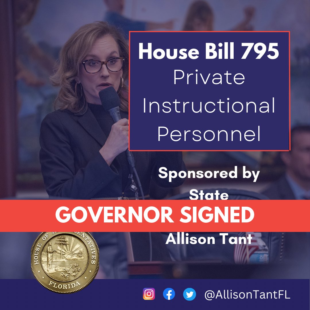 AllisonTantFL's tweet photo. Thank you @GovRonDeSantis for signing HB 795, my final bill on the Governor’s desk! This bill will expand access of Registered Behavioral Technicians to students. https://t.co/Q2Dn1V5m7j