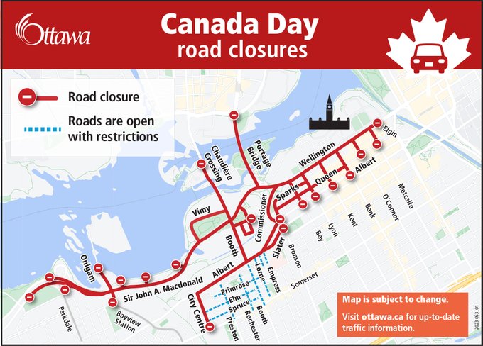 A map providing visual of the road closures on Canada day.Visit the link in the post for full details.