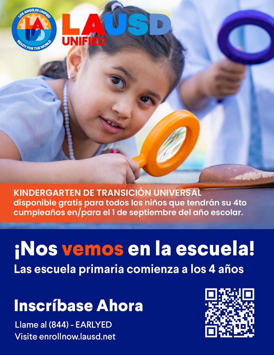 Universal Transitional Kindergarten is a high-quality, free early learning program. Starting this year, all children who turn 4 years old by September 1, 2023 will be eligible to attend a UTK program at their local elementary school.

Learn more: achieve.lausd.net/Page/15506